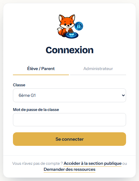 Capture d'écran de la page de connexion du site, avec le choix de la classe et le mot de passe