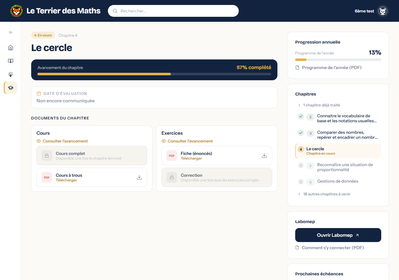 Capture d'écran de l'espace Ma classe, avec la frise des chapitres et les devoirs