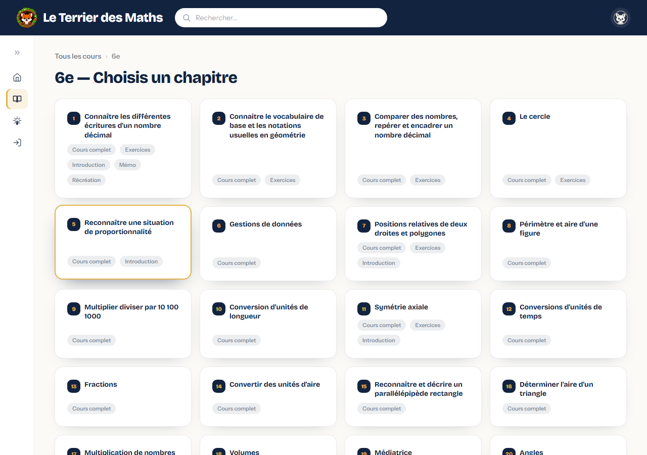 Capture d'écran du catalogue Tous les cours, avec le choix du niveau et du chapitre
